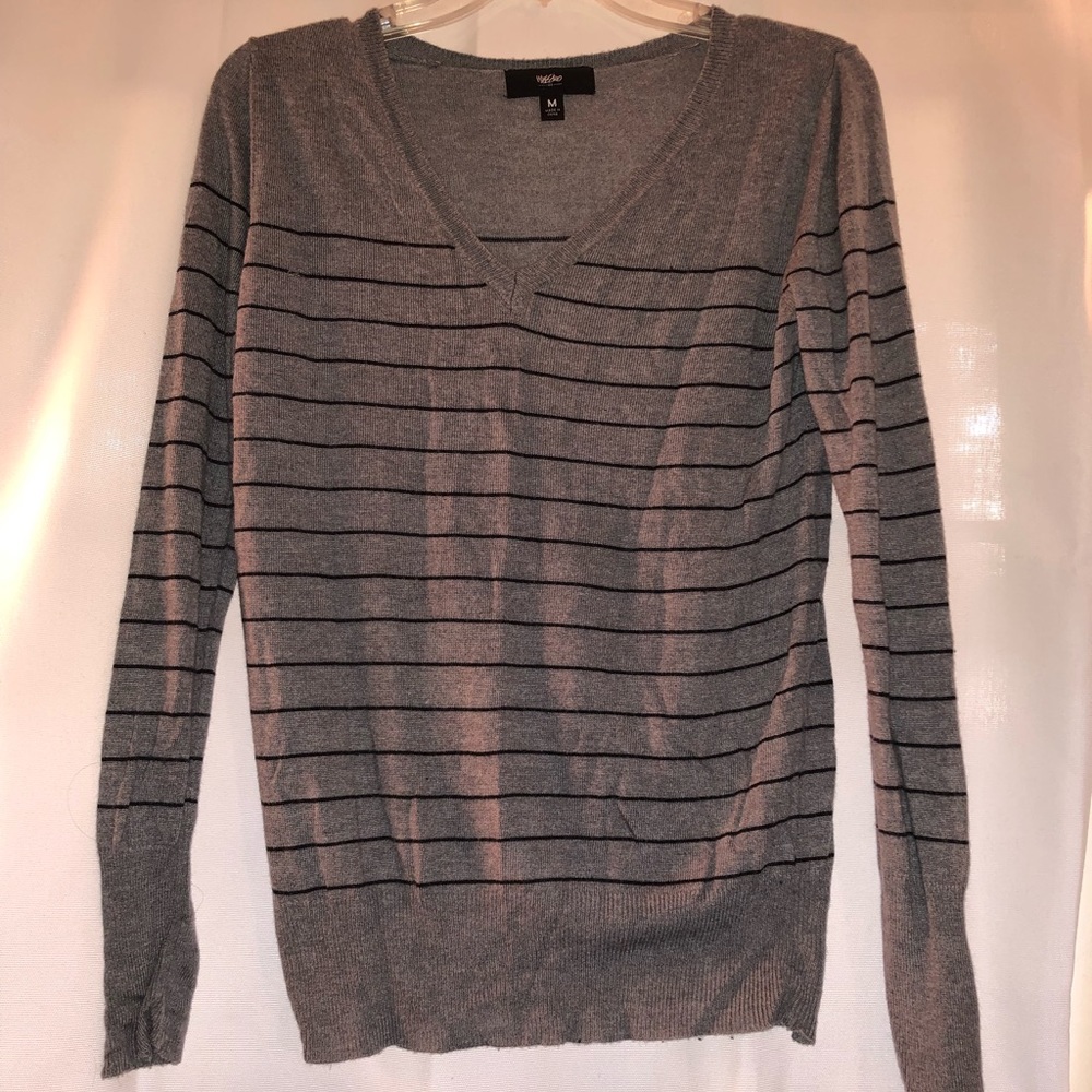 Grey v-neck sweater with black stripes